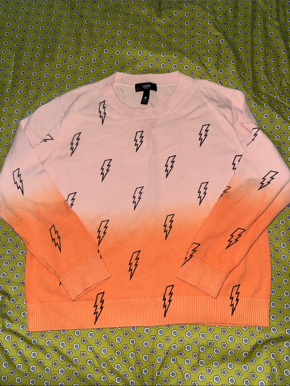 Aqua Men’s Pink Ombre Lightning Bolt Crewneck Sweater - Black Bolt Print